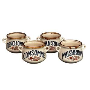 Vintage Set of 4 Stoneware Japan handle Soup Bowls Onion Bean Mushroom Cups Mugs